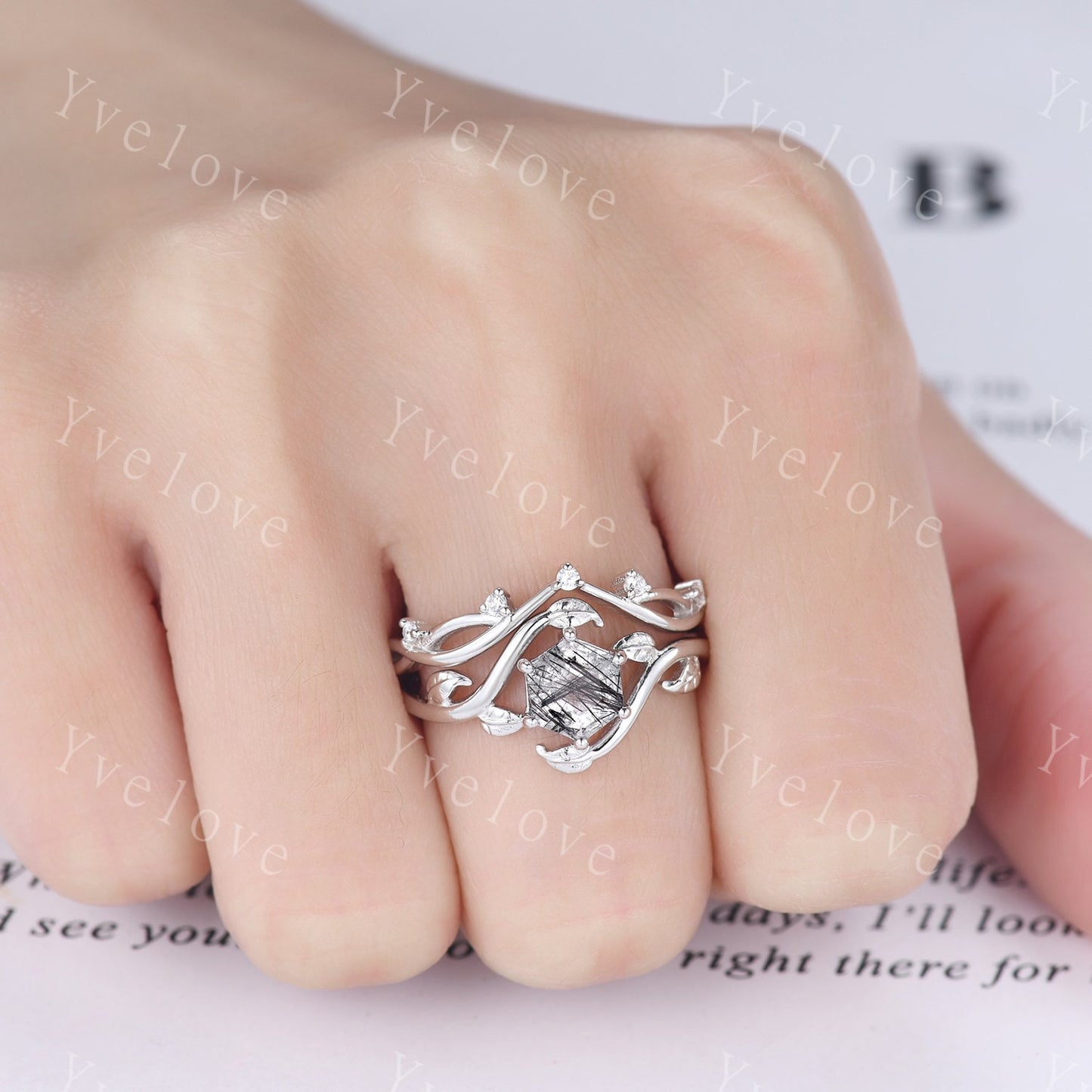 Retro hexagon Black Rutilate Quartz Ring,Vintage Silver Ring Set,Unique Rutilated Quartz  Engagement Ring,Promise Ring,Bridal Ring Set Gift
