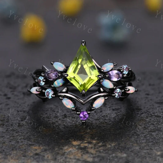 Vintage Kite Cut Green Peridot Engagement Ring Set,Black Gold,Vines Amethyst Opal Ring,Women Bridal Set,Unique Anniversary Promise Ring Gift