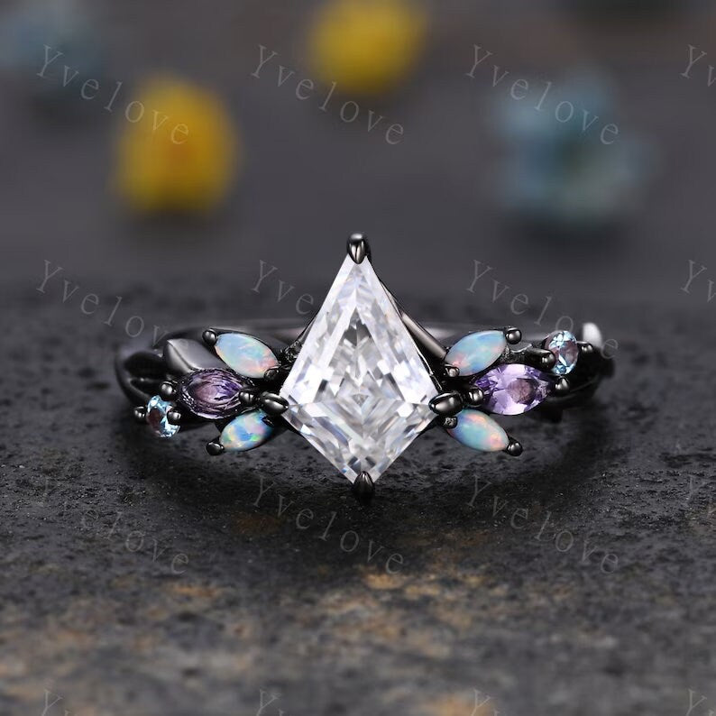 Vintage Kite Moissanite Engagement Ring Set,Black Gold,Vines Amethyst Opal Ring,Women Bridal Set,Unique Twig Anniversary Promise Ring Gift
