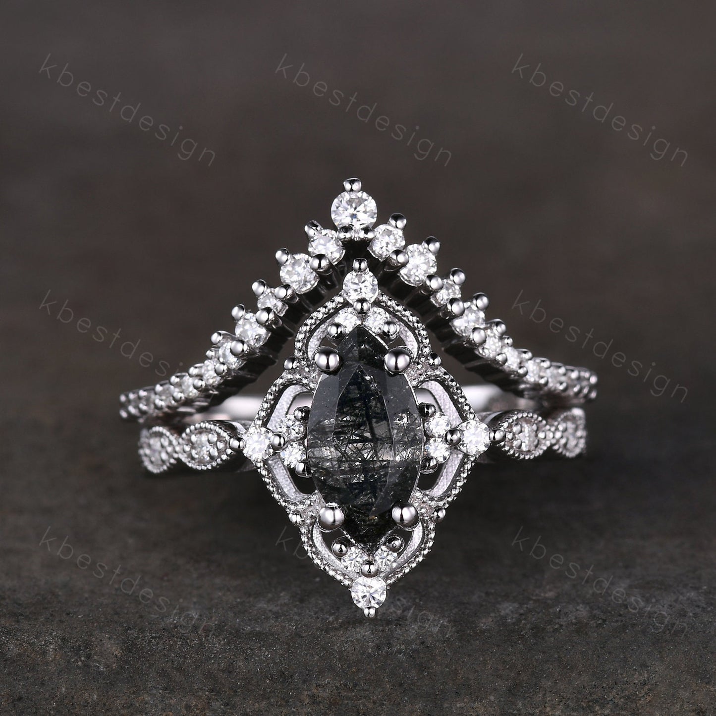 Vintage black rutilated quartz engagement ring silver art deco curved stacking band marquise cut bridal set unique moissanite wedding set