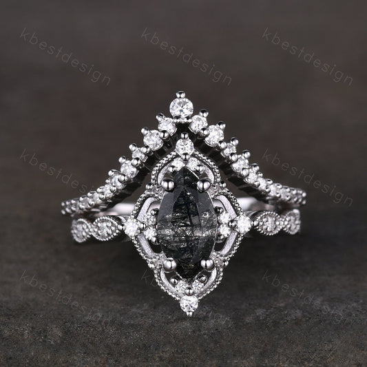 Vintage black rutilated quartz engagement ring silver art deco curved stacking band marquise cut bridal set unique moissanite wedding set