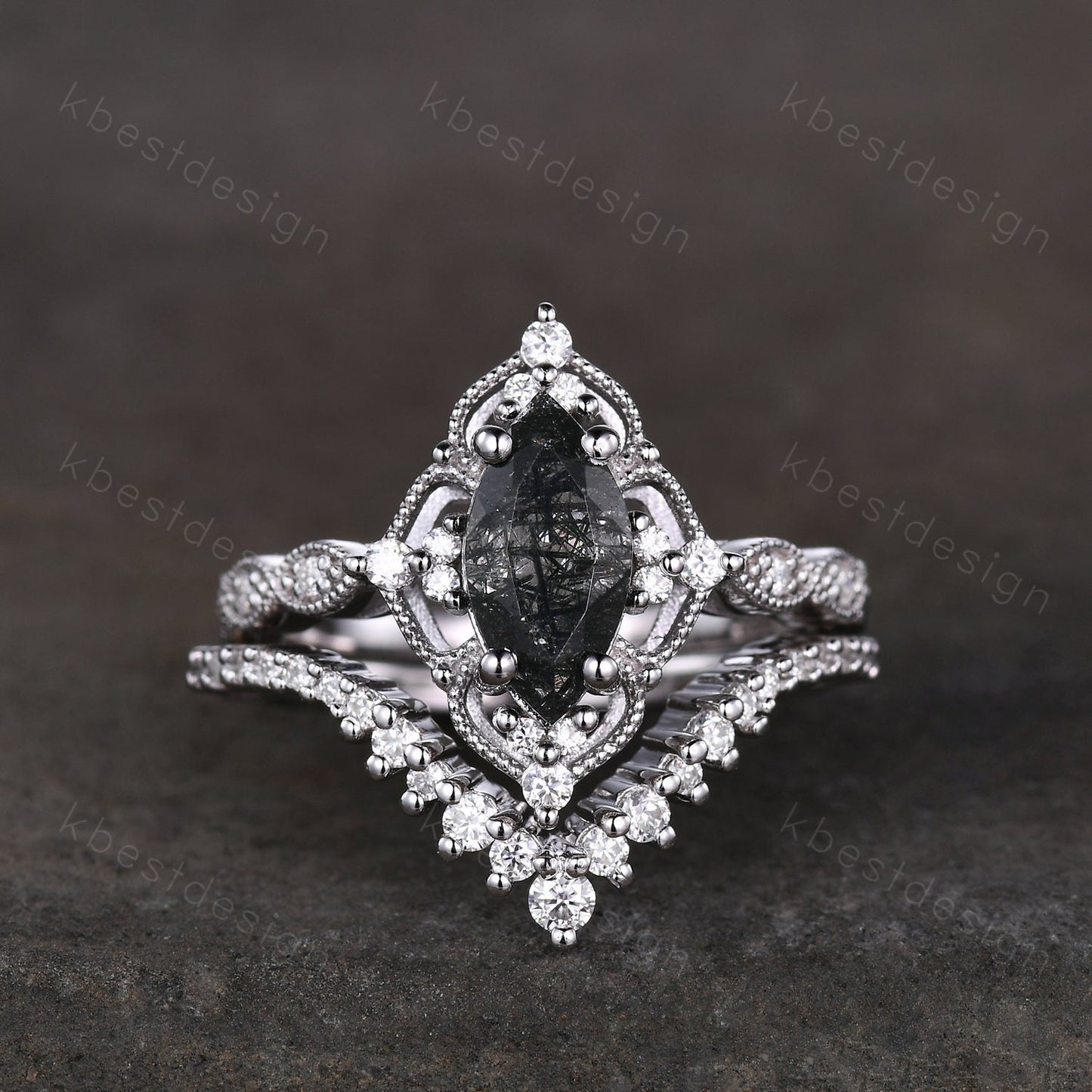 Vintage black rutilated quartz engagement ring silver art deco curved stacking band marquise cut bridal set unique moissanite wedding set
