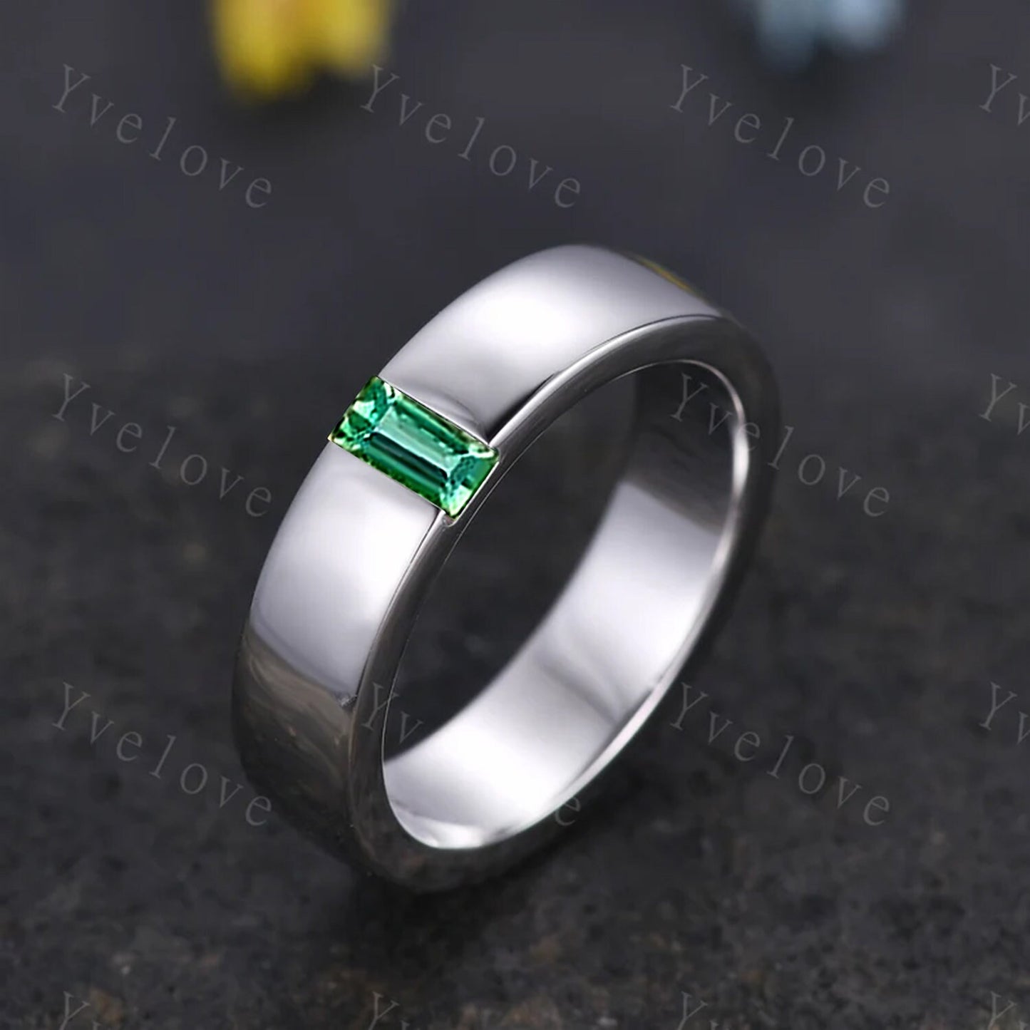 Mens Green Emerald Wedding Band Baguette Cut Band 5mm Yellow Gold Ring Mens Solitaire Stacking Matching Band Retro Vintage Ring May Gift