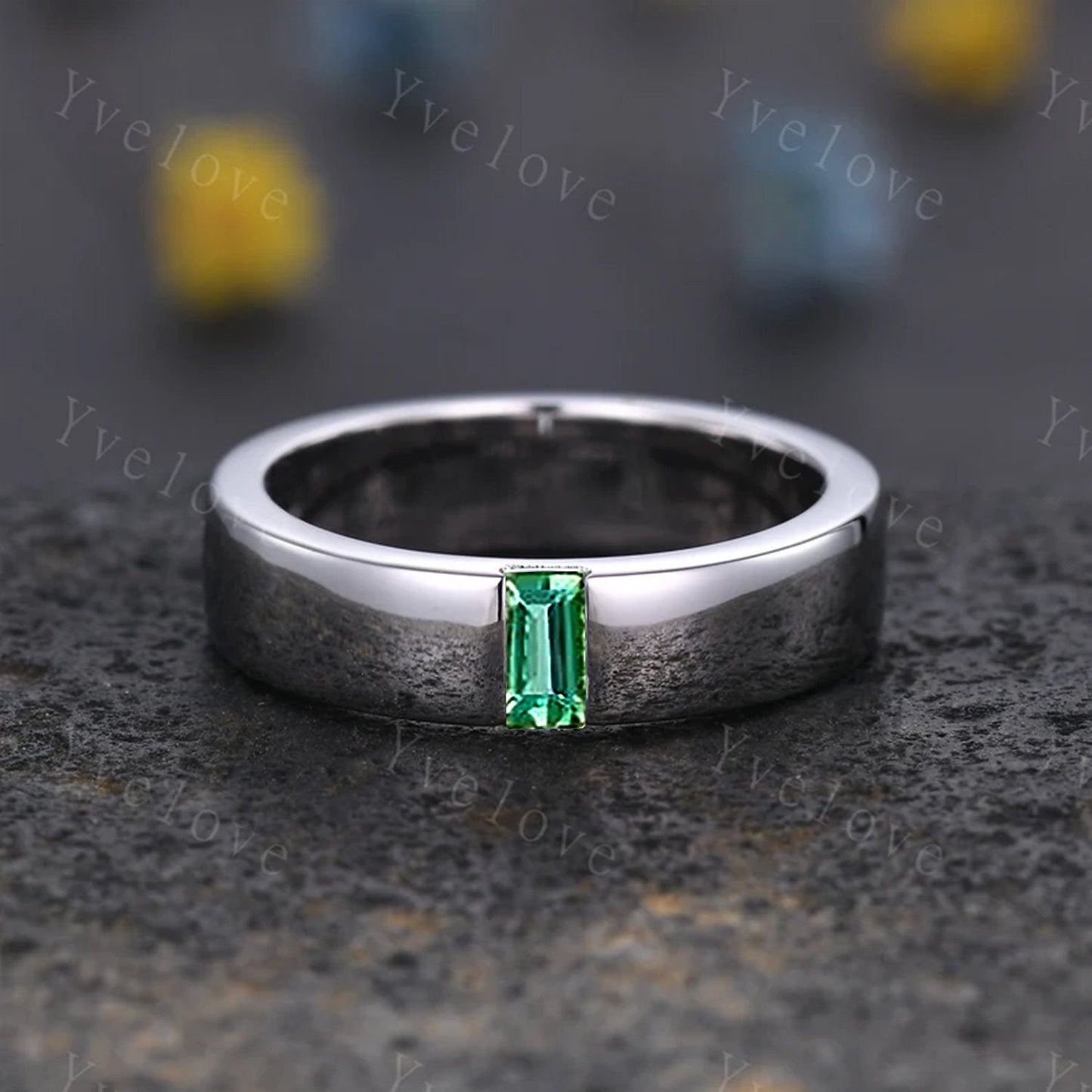 Mens Green Emerald Wedding Band Baguette Cut Band 5mm Yellow Gold Ring Mens Solitaire Stacking Matching Band Retro Vintage Ring May Gift