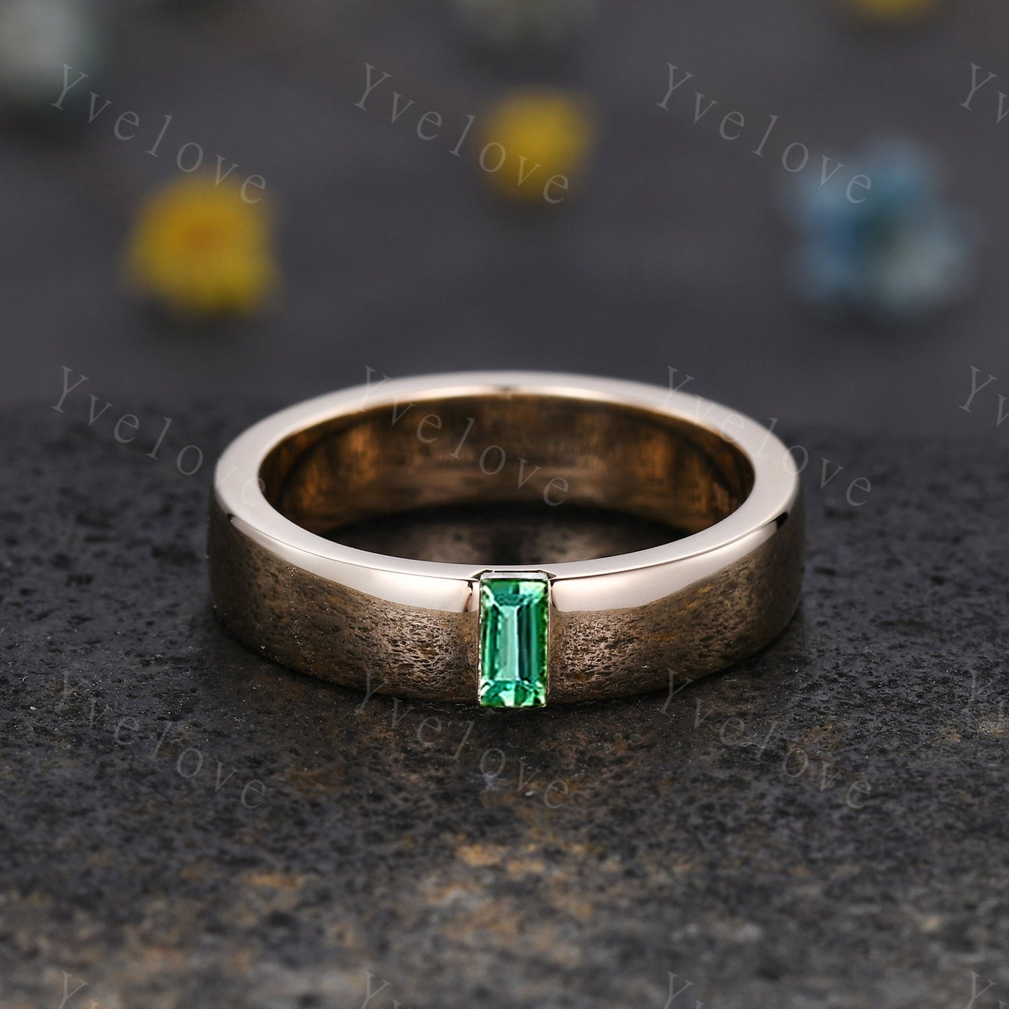 Mens Green Emerald Wedding Band Baguette Cut Band 5mm White Gold Ring Mens Solitaire Stacking Matching Band Retro Vintage Ring May Gift