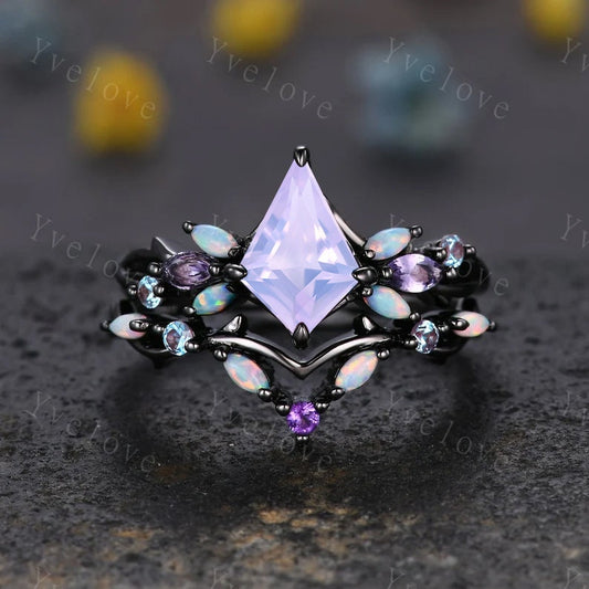 Vintage Kite Cut Lavender Amethyst Engagement Ring Set,Black Gold,Vines Opal Ring,Women Bridal Set,Unique Anniversary Promise Ring Gift