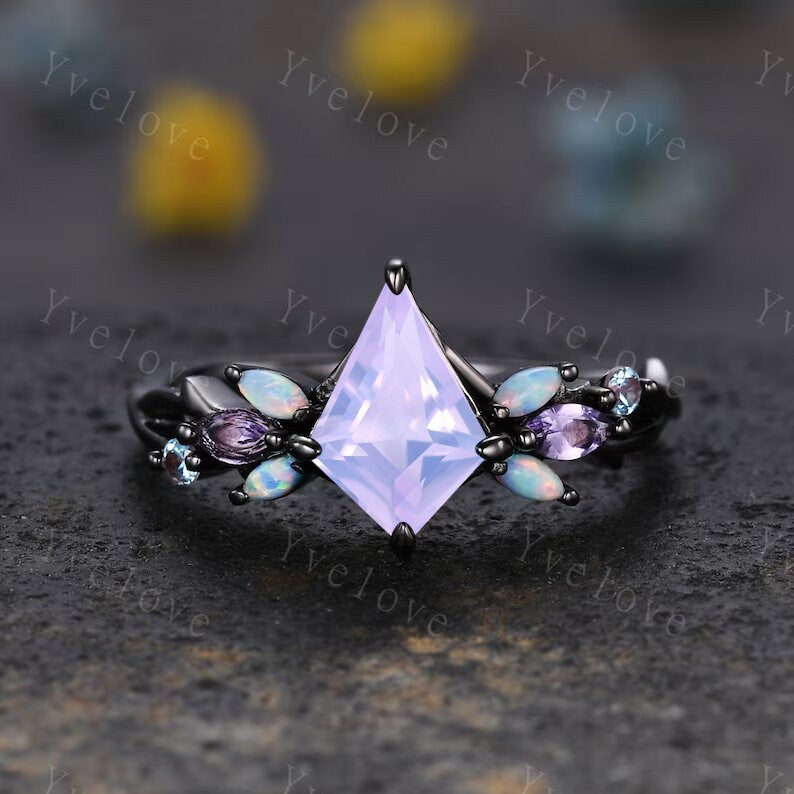 Vintage Kite Cut Lavender Amethyst Engagement Ring Set,Black Gold,Vines Opal Ring,Women Bridal Set,Unique Anniversary Promise Ring Gift