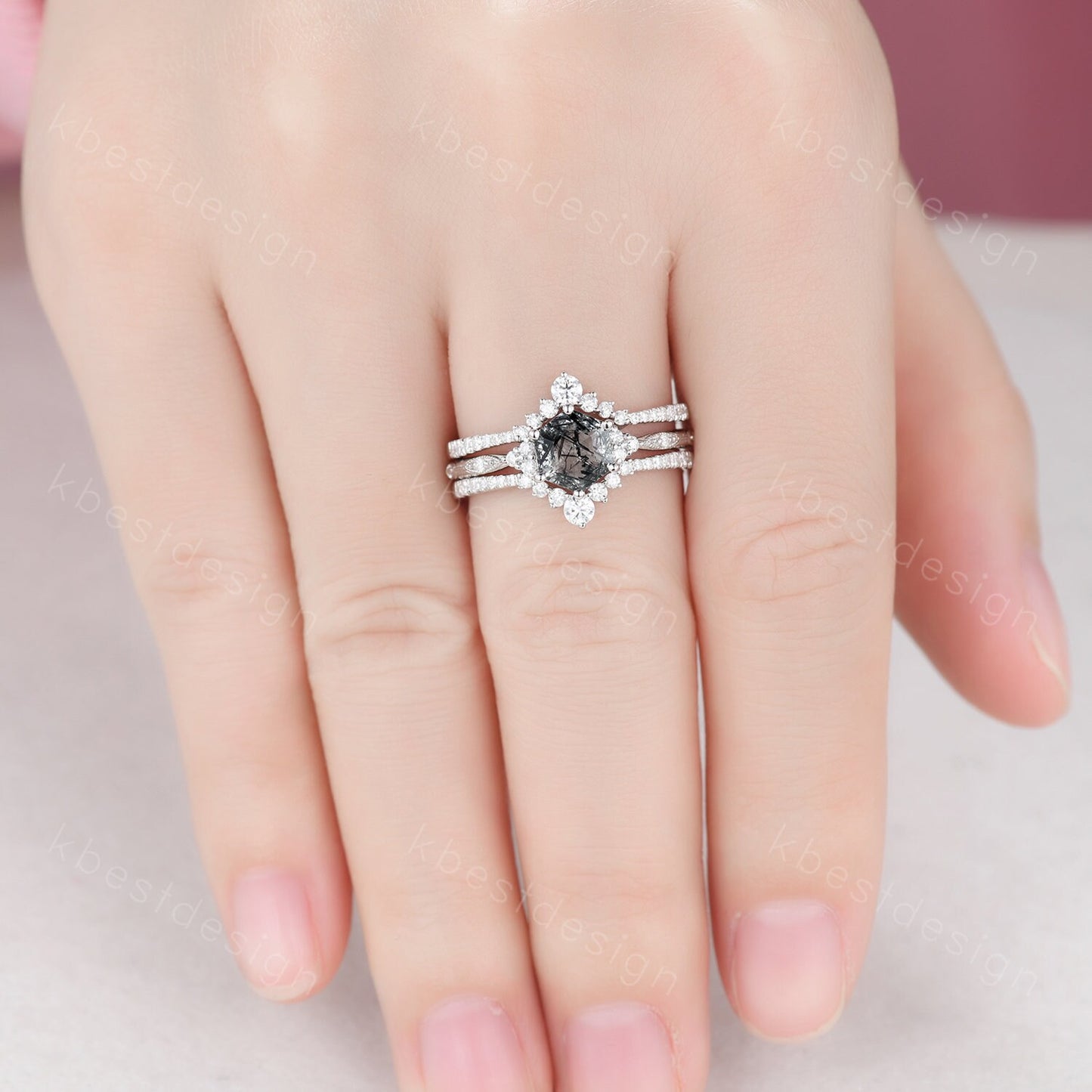 3pcs hexagon cut black rutilated quartz engagement ring silver art deco moissanite ring women stacking matching band unique wedding ring set