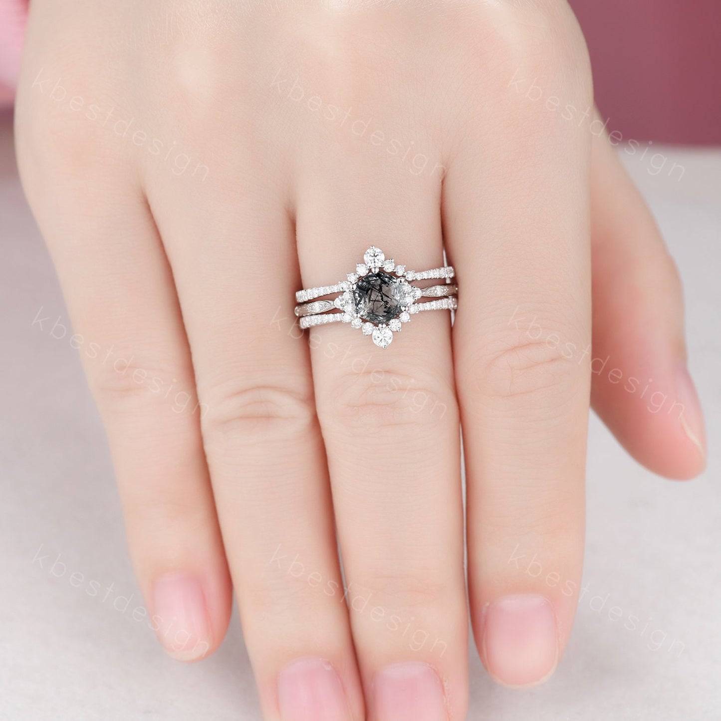 3pcs hexagon cut black rutilated quartz engagement ring silver art deco moissanite ring women stacking matching band unique wedding ring set