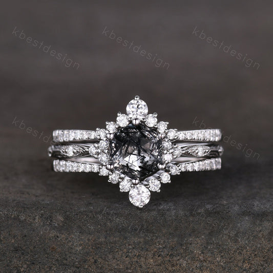 3pcs hexagon cut black rutilated quartz engagement ring silver art deco moissanite ring women stacking matching band unique wedding ring set