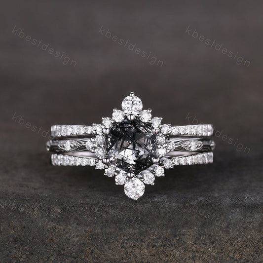 3pcs hexagon cut black rutilated quartz engagement ring silver art deco moissanite ring women stacking matching band unique wedding ring set