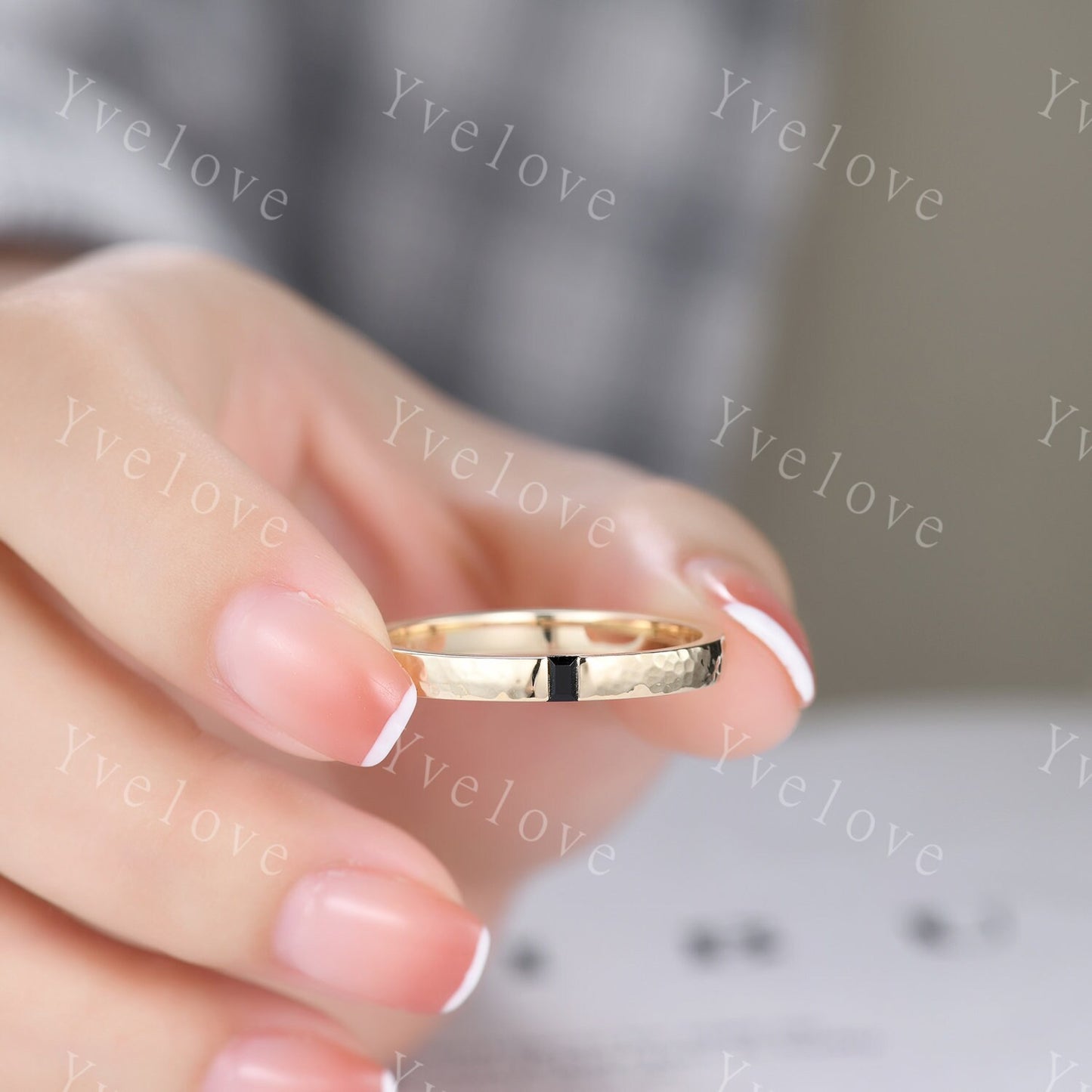 3mm Mens Baguette Black Onyx Wedding Band Natural Onyx Band Solid Gold Ring Men Hammered Stacking Matching Band Vintage Ring Bridegroom Gift