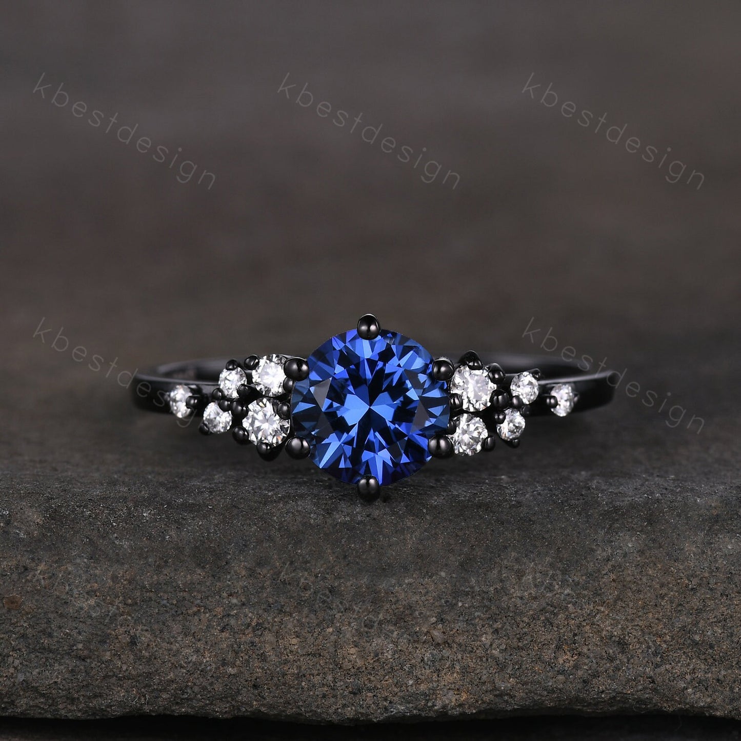 1ct round cut blue sapphire engagement ring unique black gold moissanite ring for women art deco cluster wedding ring bridal promise ring