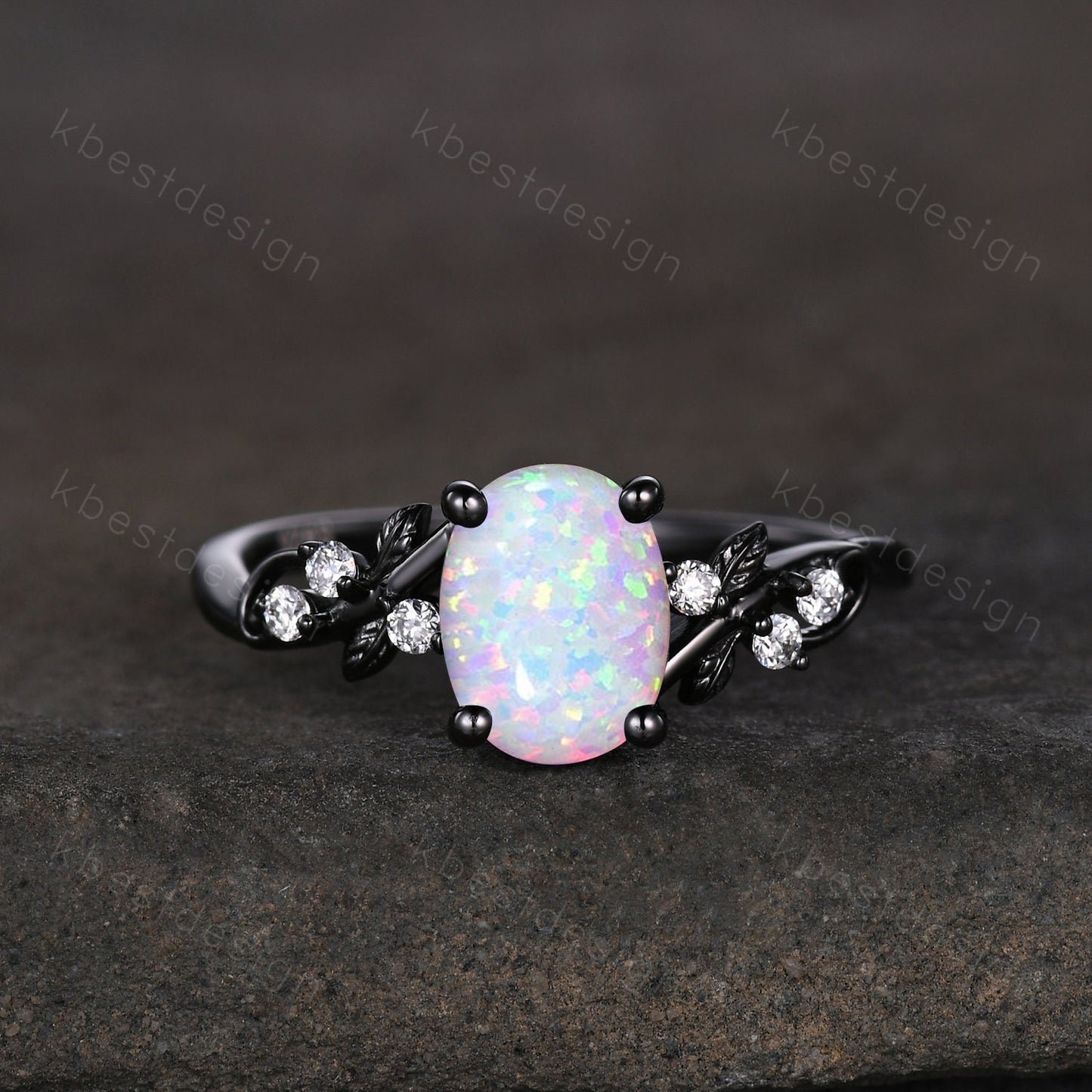Vintage oval white opal engagement ring set black gold twig leaf moissanite ring nature branch ring unique art deco bridal wedding ring set