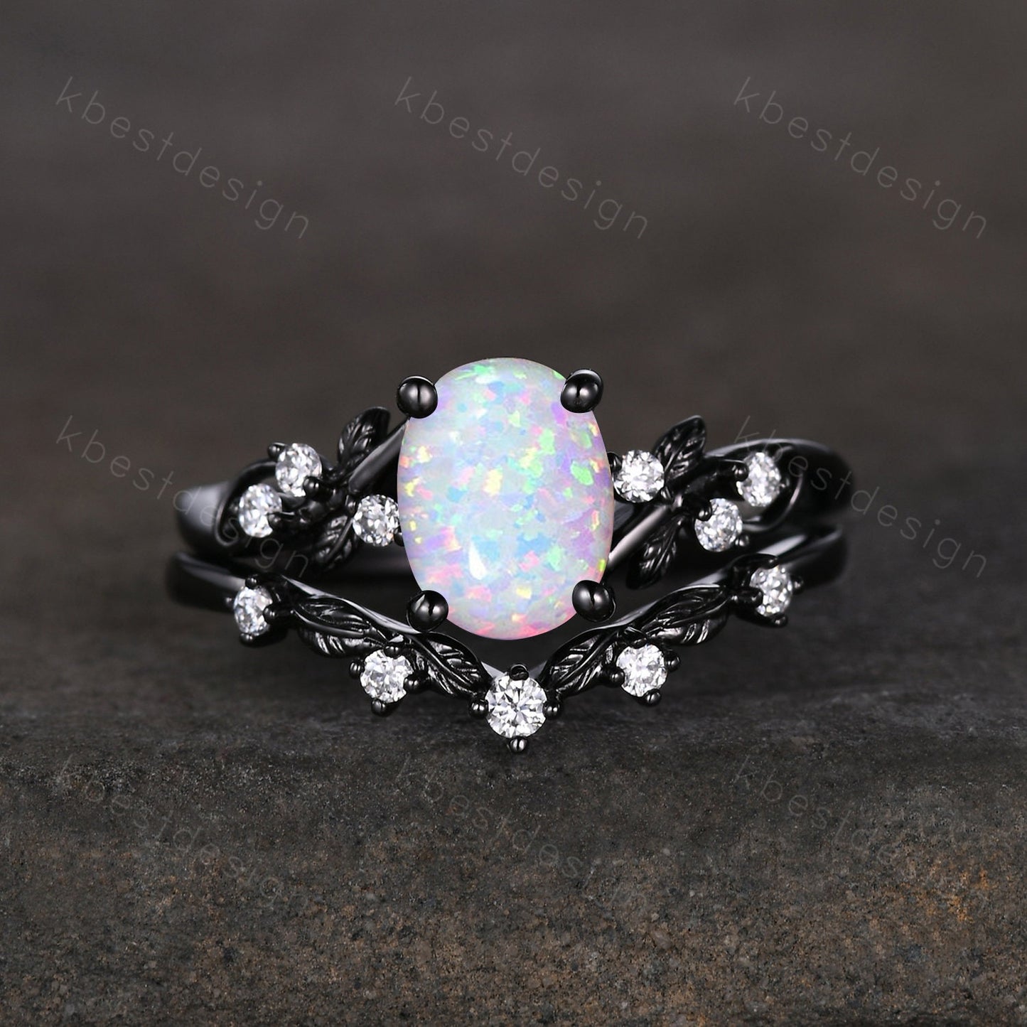 Vintage oval white opal engagement ring set black gold twig leaf moissanite ring nature branch ring unique art deco bridal wedding ring set