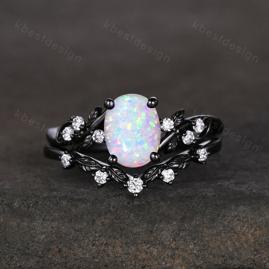 Vintage oval white opal engagement ring set black gold twig leaf moissanite ring nature branch ring unique art deco bridal wedding ring set