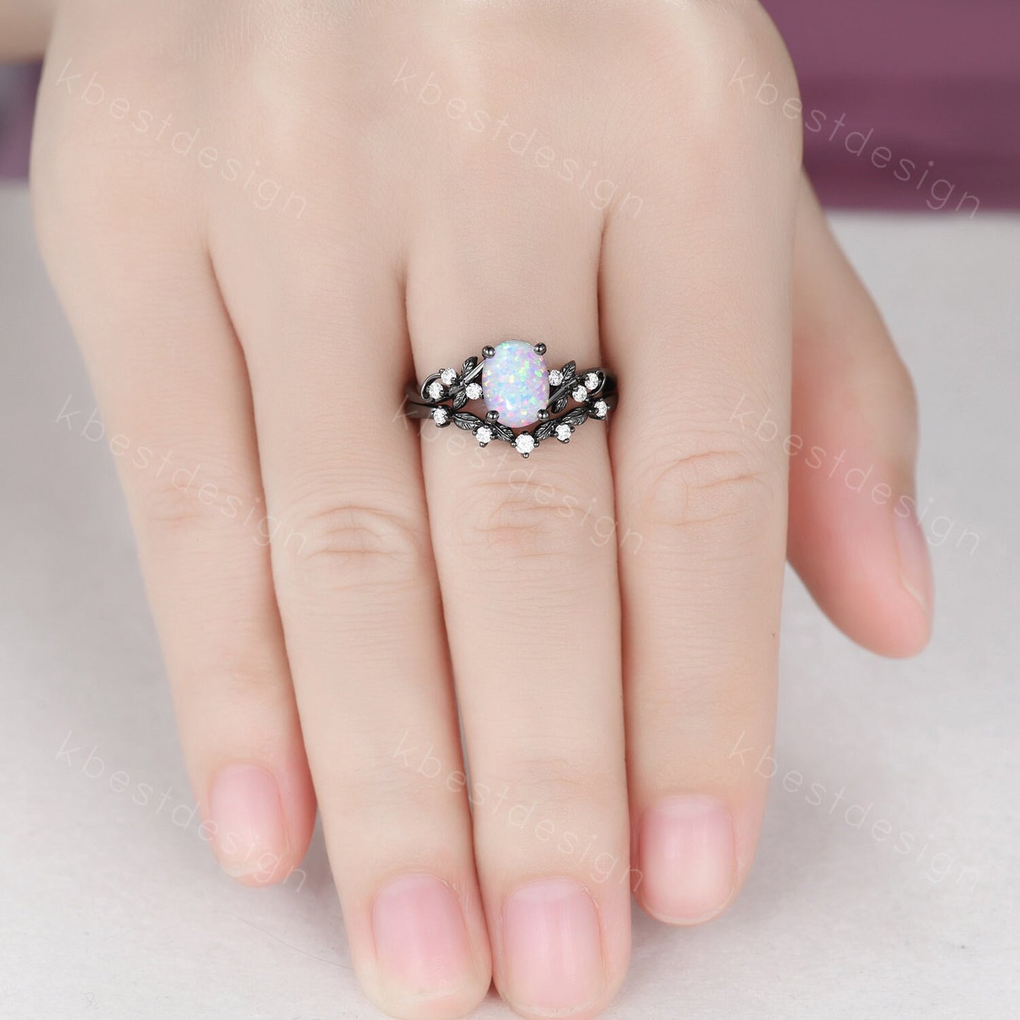 Vintage oval white opal engagement ring set black gold twig leaf moissanite ring nature branch ring unique art deco bridal wedding ring set