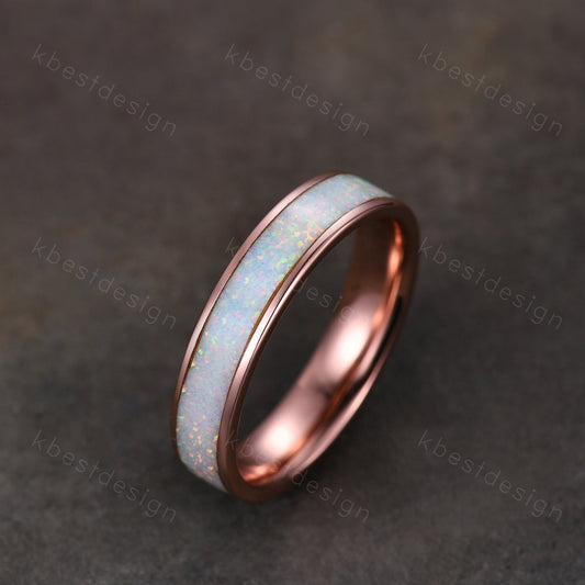 Vintage White Fire Opal Inlay 4mm Wedding Band Rose Gold Eternity Band Opal Wedding Ring For Men For Women October Ring Anniversary Ring