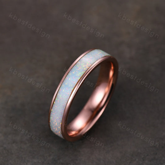 Vintage White Fire Opal Inlay 4mm Wedding Band Rose Gold Eternity Band Opal Wedding Ring For Men For Women October Ring Anniversary Ring