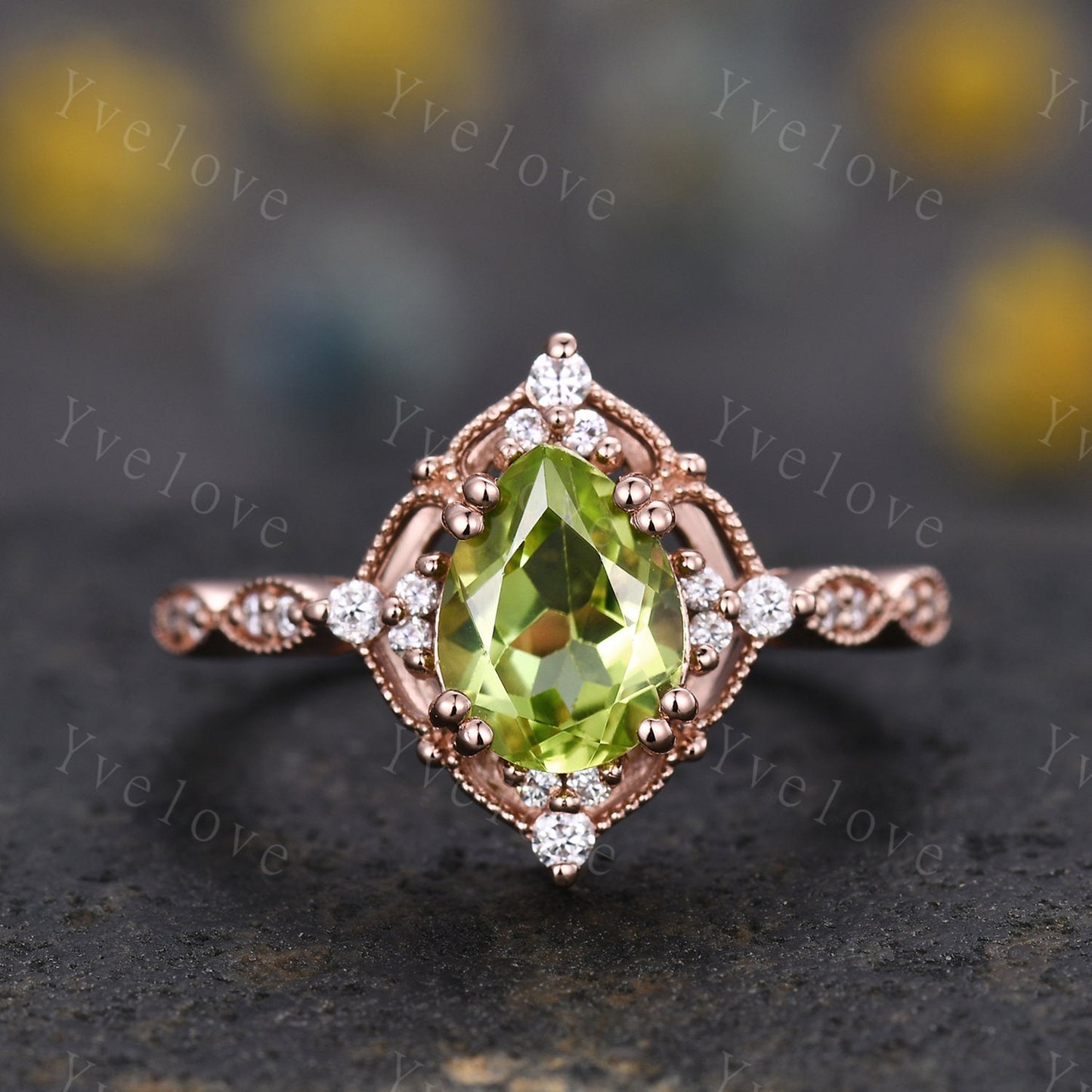 Vintage Green Peridot Ring Set,Pear Shape Peridot Ring,14K Solid Gold Ring,Unique Women Moissanite Promise Ring For Her,Handmade Gift
