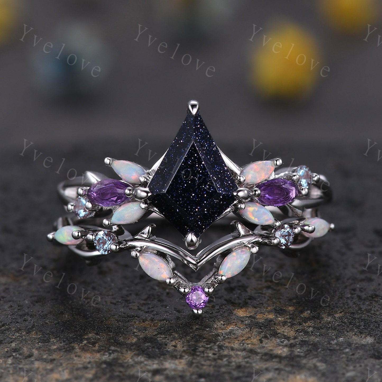 Vintage Kite Sandstone Engagement Ring Set,White Gold,Vines Amethyst Opal Ring,Women Bridal Set,Unique Twig Anniversary Promise Ring Gift