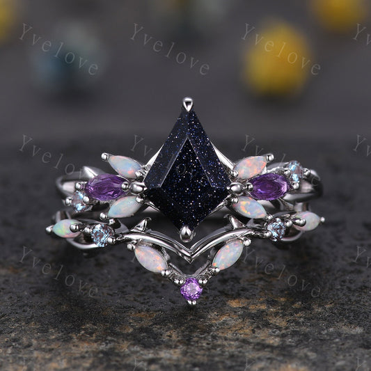 Vintage Kite Sandstone Engagement Ring Set,White Gold,Vines Amethyst Opal Ring,Women Bridal Set,Unique Twig Anniversary Promise Ring Gift