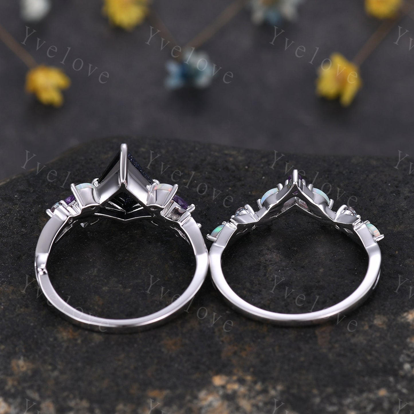 Vintage Kite Sandstone Engagement Ring Set,White Gold,Vines Amethyst Opal Ring,Women Bridal Set,Unique Twig Anniversary Promise Ring Gift