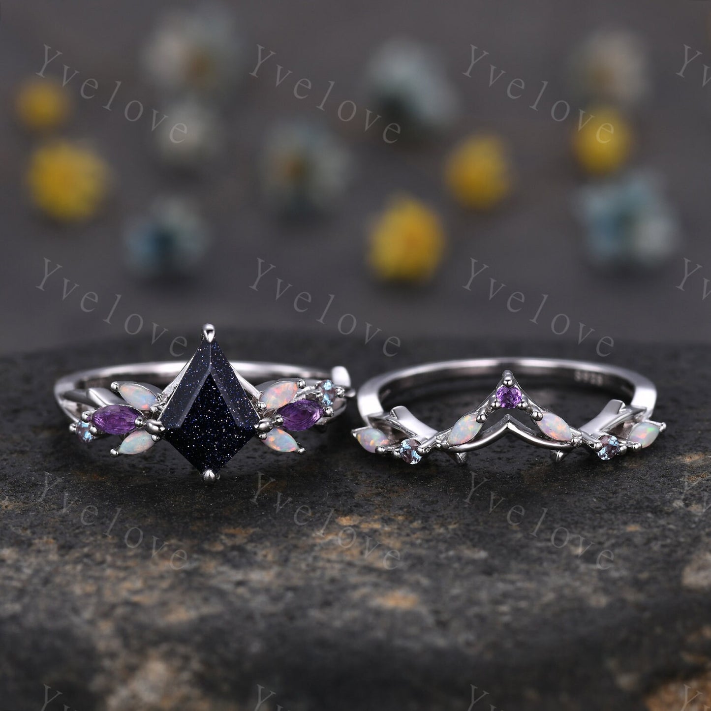 Vintage Kite Sandstone Engagement Ring Set,White Gold,Vines Amethyst Opal Ring,Women Bridal Set,Unique Twig Anniversary Promise Ring Gift