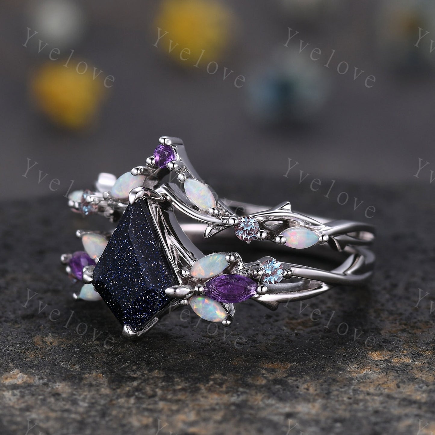 Vintage Kite Sandstone Engagement Ring Set,White Gold,Vines Amethyst Opal Ring,Women Bridal Set,Unique Twig Anniversary Promise Ring Gift