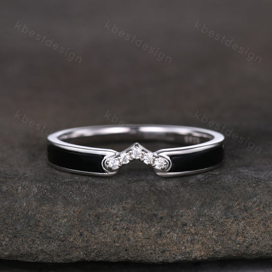 Curved Black Onyx Wedding Band Silver White Gold Ring Unique V Curved Stacking Matching Band Half Eternity Band Anniversary Gift for Her