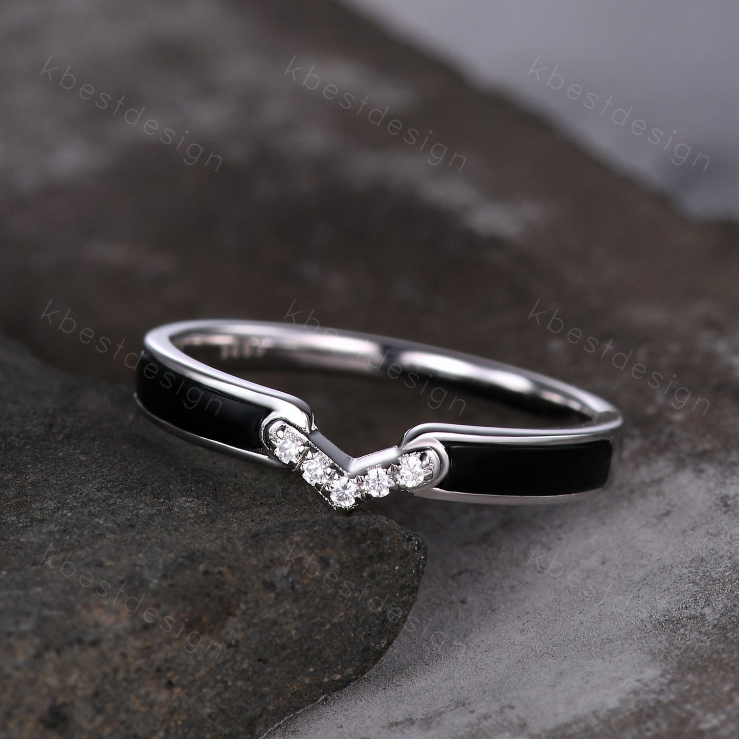 Curved Black Onyx Wedding Band Silver White Gold Ring Unique V Curved Stacking Matching Band Half Eternity Band Anniversary Gift for Her