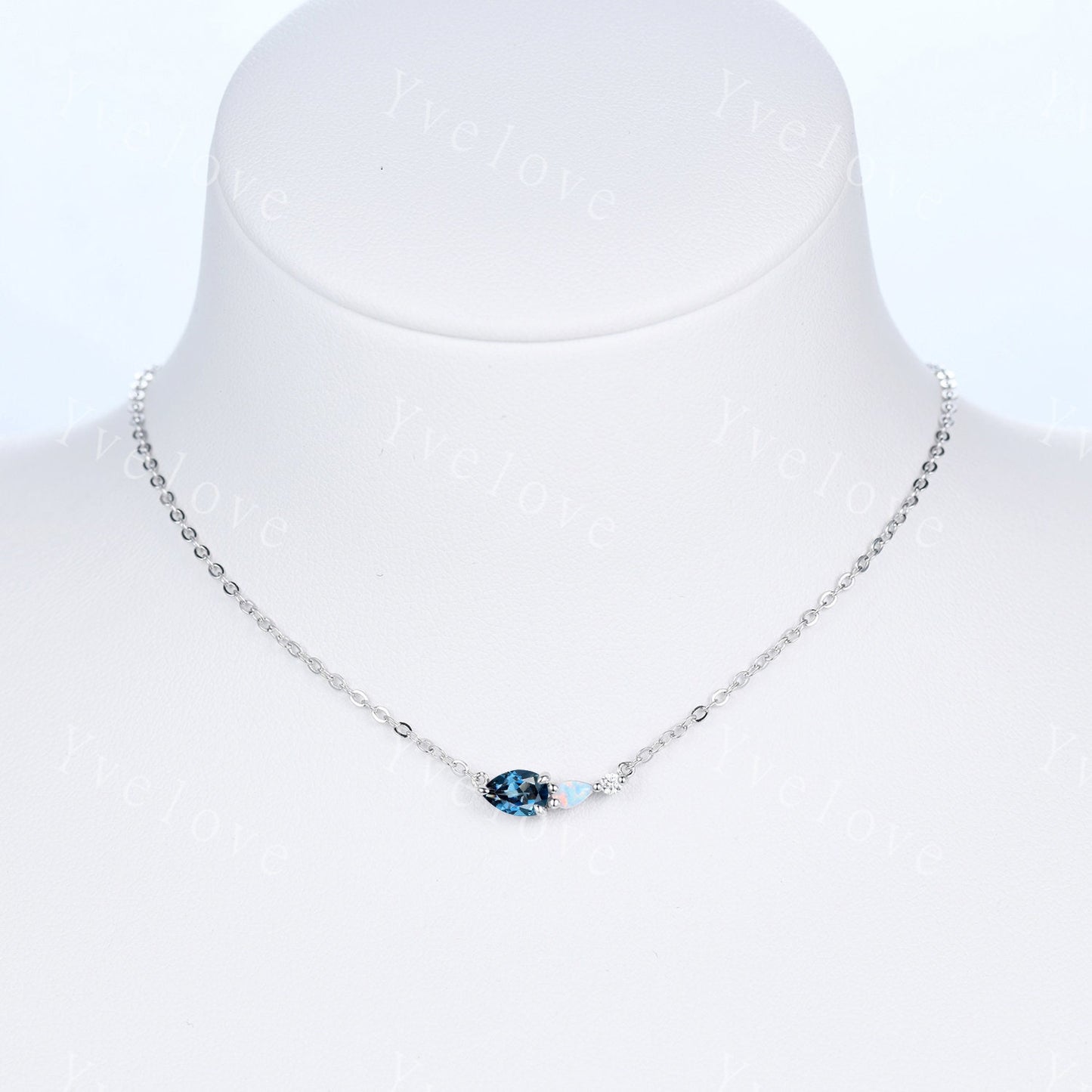Unique London Blue Topaz Opal Necklace,Pear Cut Gems,Art Deco Diamond Delicate Dainty Necklace,3 Stone Unique Women Bridal Gift,Personalized