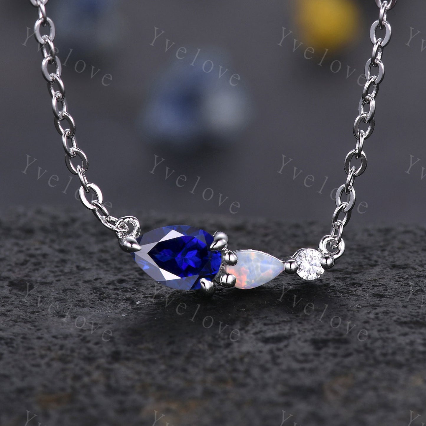 Unique London Blue Topaz Opal Necklace,Pear Cut Gems,Art Deco Diamond Delicate Dainty Necklace,3 Stone Unique Women Bridal Gift,Personalized