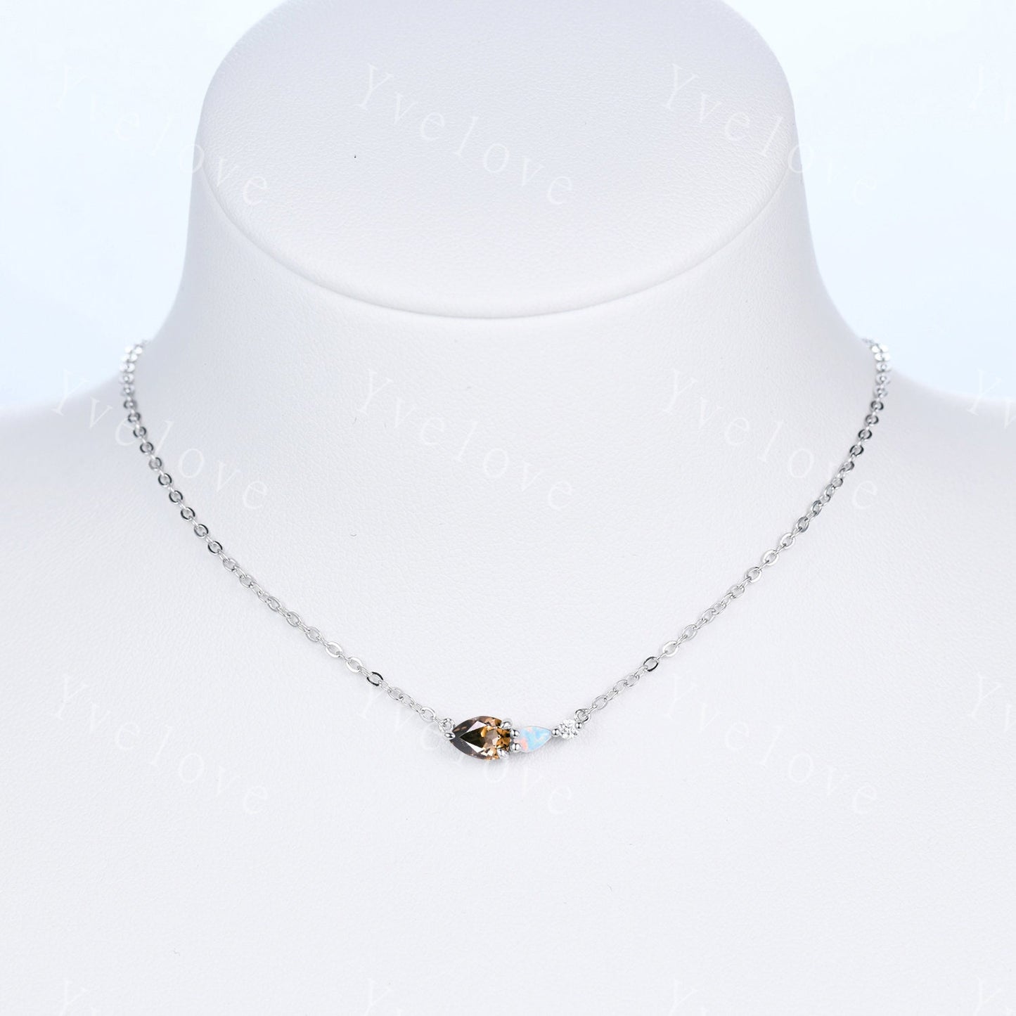 Unique Smoky Quartz Opal Necklace,Pear Cut Gems,Art Deco Moissanite Diamond Delicate Dainty Necklace,3 Stone Unique Women Bridal Gift,Silver