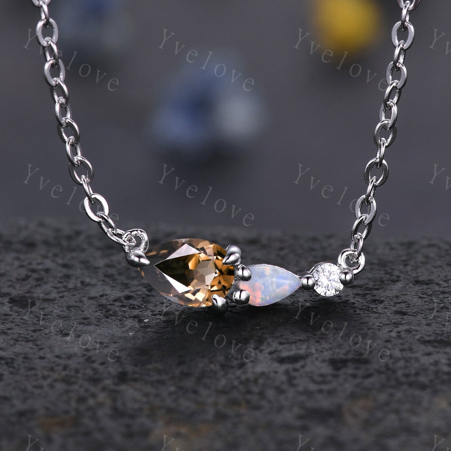 Unique Smoky Quartz Opal Necklace,Pear Cut Gems,Art Deco Moissanite Diamond Delicate Dainty Necklace,3 Stone Unique Women Bridal Gift,Silver