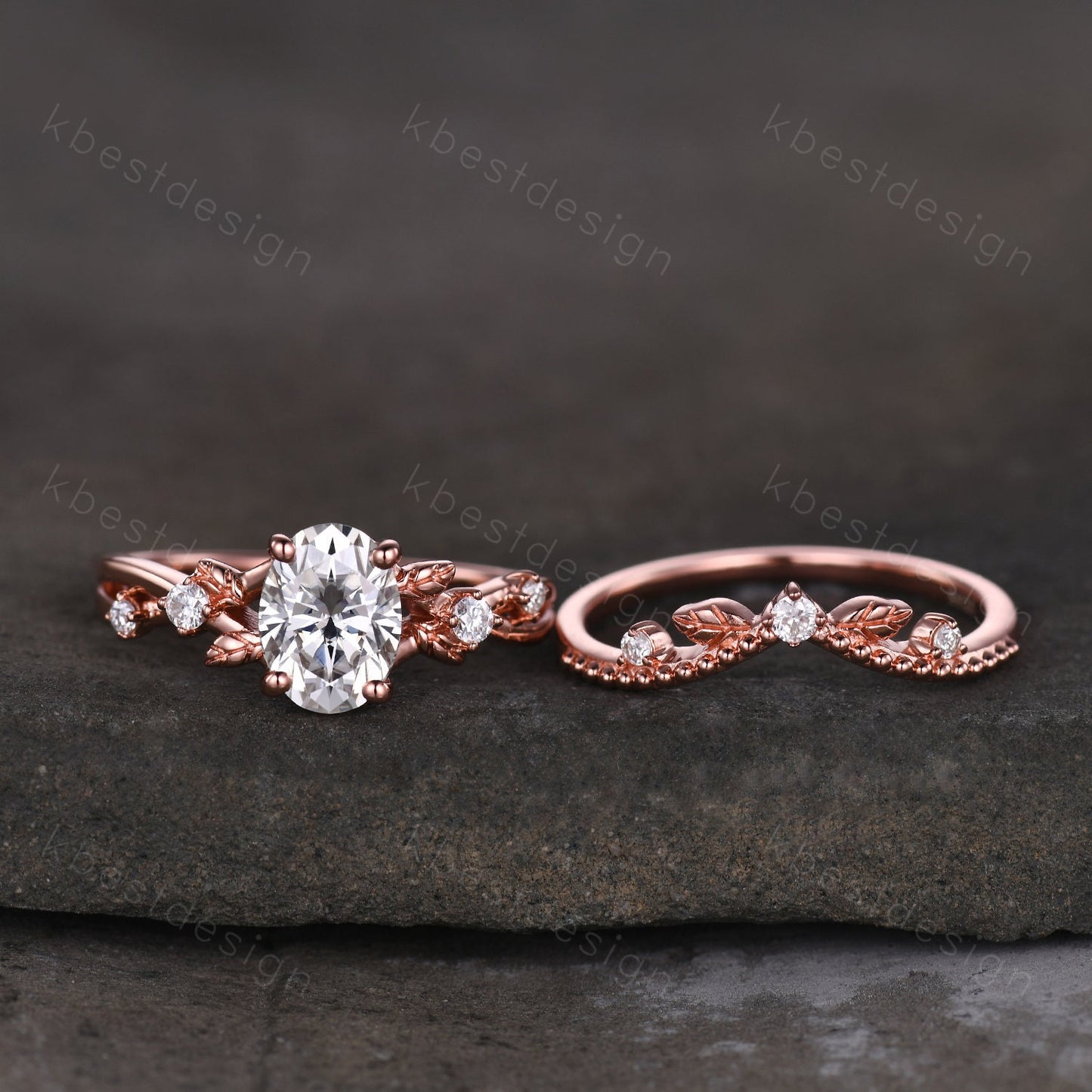 Vintage oval moissanite engagement ring set rose gold twig leaf stacking ring nature branch ring unique art deco bridal wedding ring set