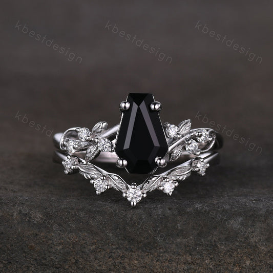 Vintage coffin cut black onyx engagement ring set silver twig leaf moissanite ring nature branch ring unique bridal wedding ring set