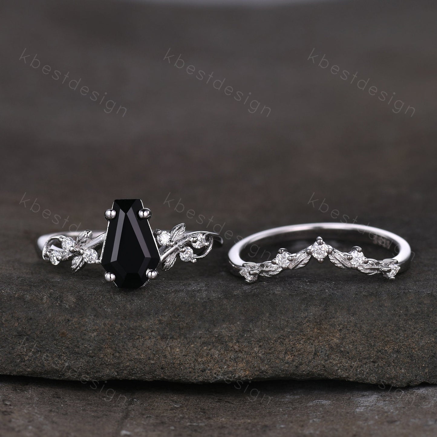 Vintage coffin cut black onyx engagement ring set silver twig leaf moissanite ring nature branch ring unique bridal wedding ring set