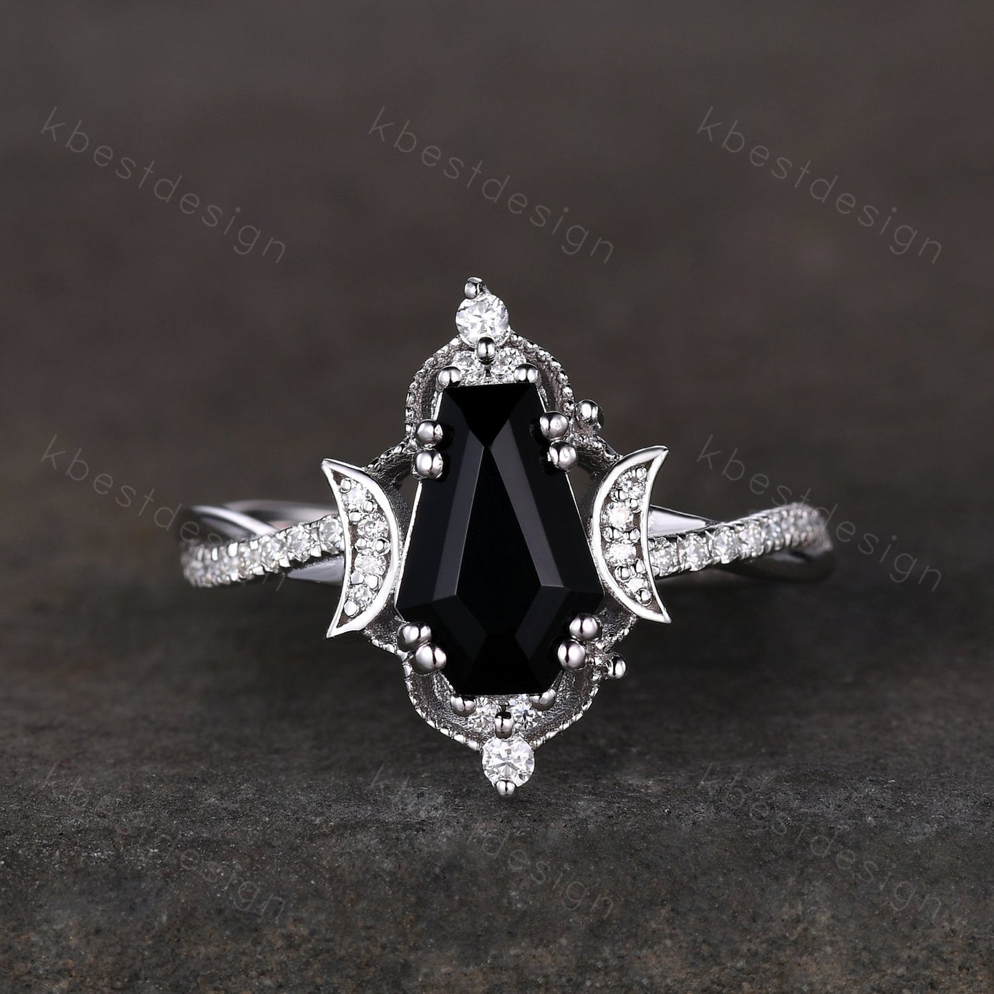 3PCS black onyx engagement ring sterling silver ring art deco curved stacking band coffin shaped bridal set unique moissanite wedding set