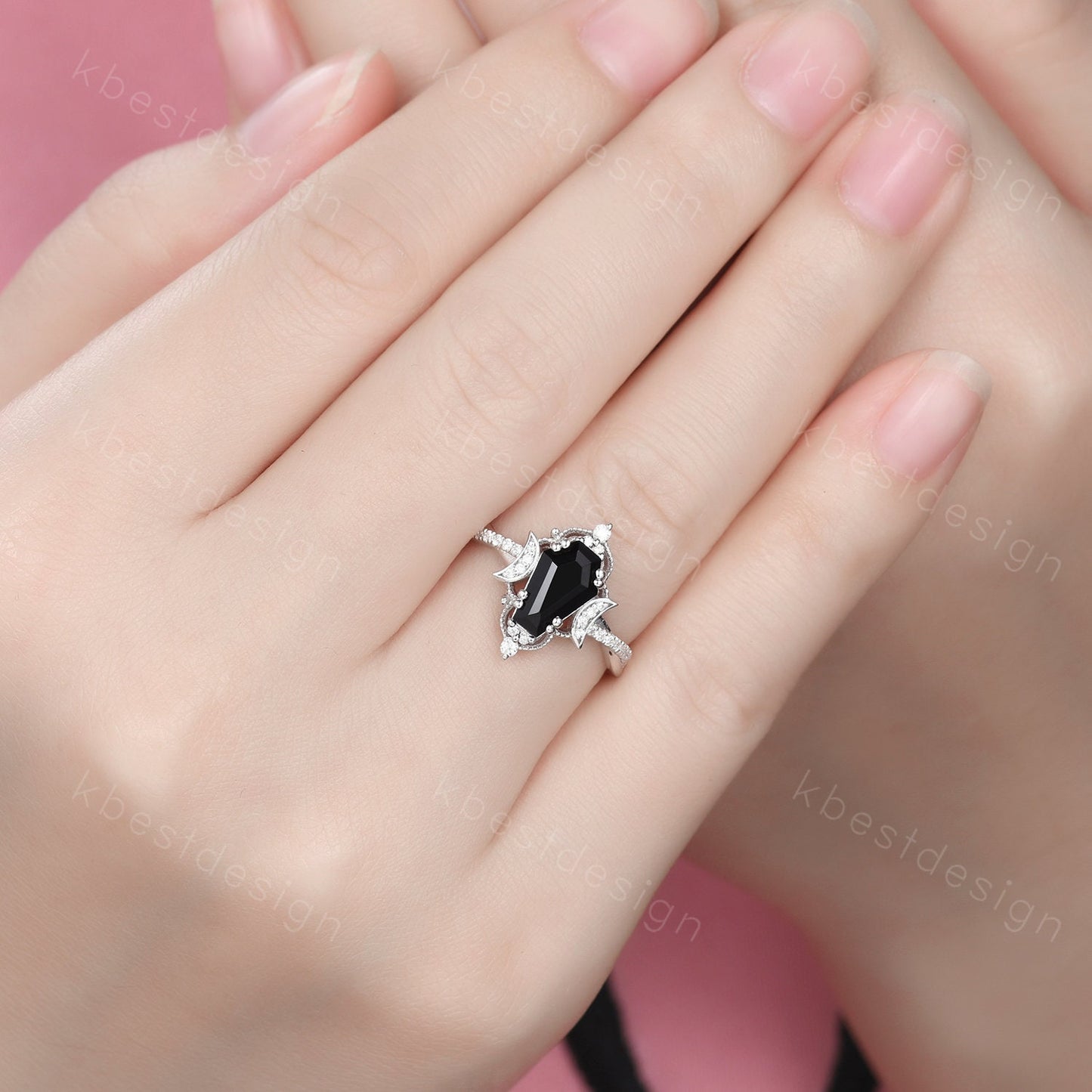 3PCS black onyx engagement ring sterling silver ring art deco curved stacking band coffin shaped bridal set unique moissanite wedding set
