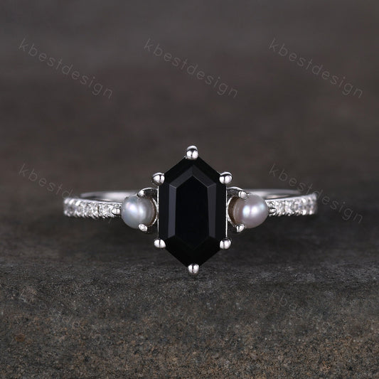 Vintage black onyx ring silver gold ring retro hexagon cut engagement ring unique pearl three stone ring unique black gemstone promise ring