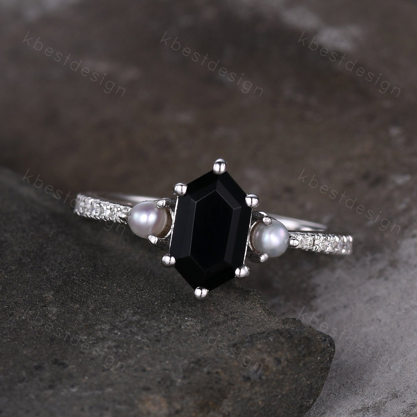 Vintage black onyx ring silver gold ring retro hexagon cut engagement ring unique pearl three stone ring unique black gemstone promise ring
