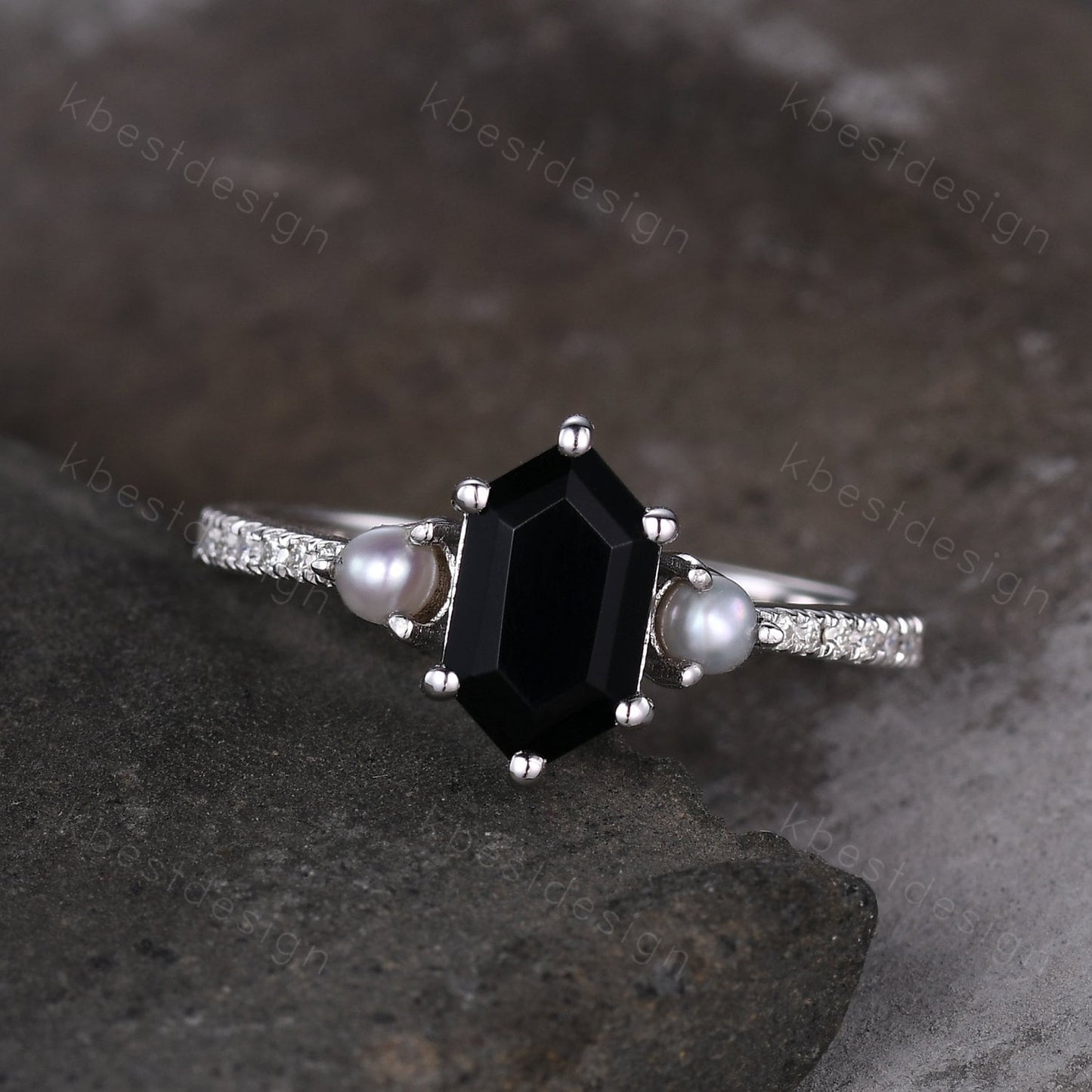 Retro vintage black onyx ring solid gold hexagon cut engagement ring unique pearl three stone ring unique black gemstone promise gift
