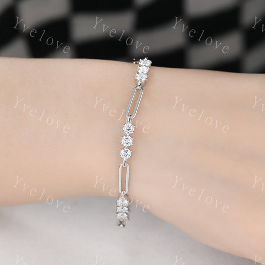 Moissanite Bracelet,Paperclip Bracelet,Chain Bracelet,925 Sterling silver Bracelet,Minimalist Bracelet, Dainty Bracelet,Bridal Gift for Her