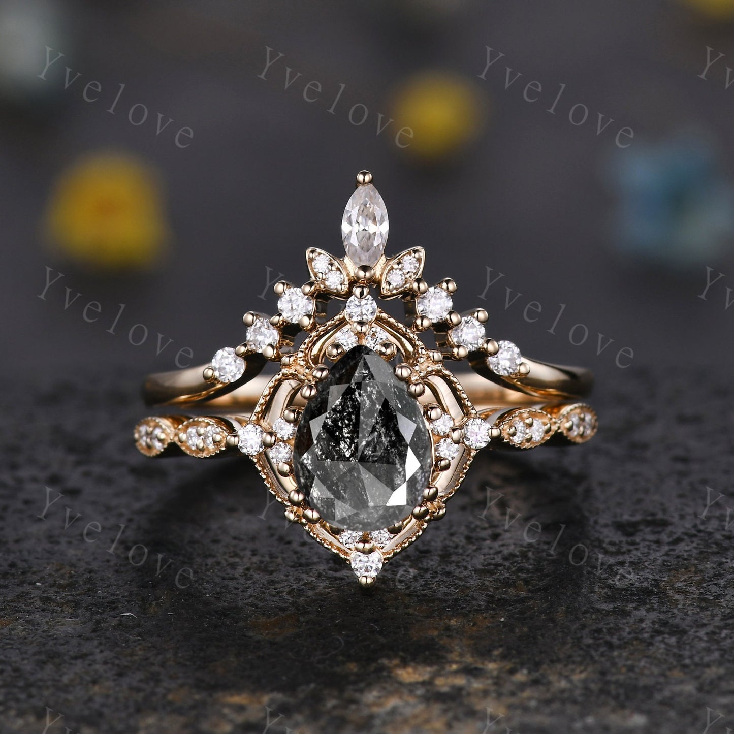 5x7mm Vintage Salt Pepper Diamond Engagement Ring,Teardrop Diamond Ring,18K Solid Gold Ring,Unique Women Promise Ring For Her,Handmade Gift