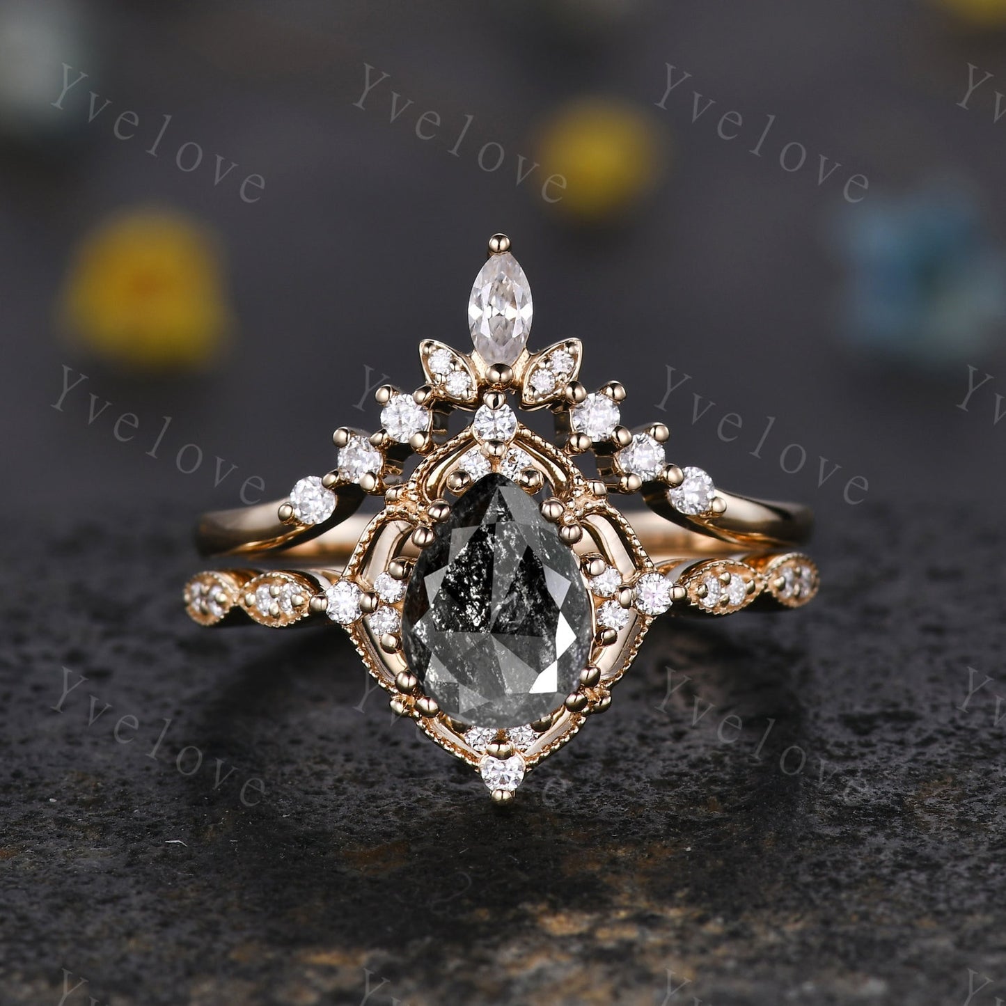 Vintage Salt and Pepper Diamond Engagement Ring,Teardrop Shaped Diamond Ring 18K Gold Ring,Unique Women Promise Ring For Her,Handmade Gift
