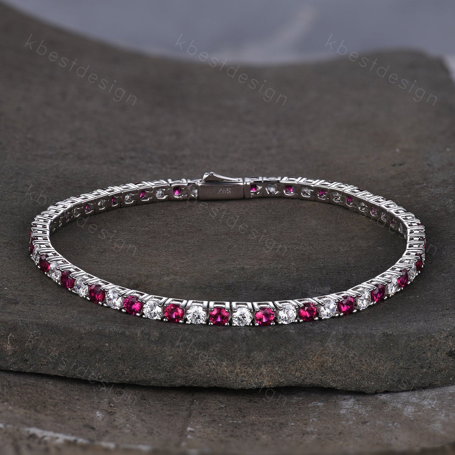 3mm Diamond Ruby Tennis Bracelet, 6.00TCW Round Cut Bracelet for Women, Wedding Jewelry, Dainty Silver Bracelet, Sparkling Diamond Chain