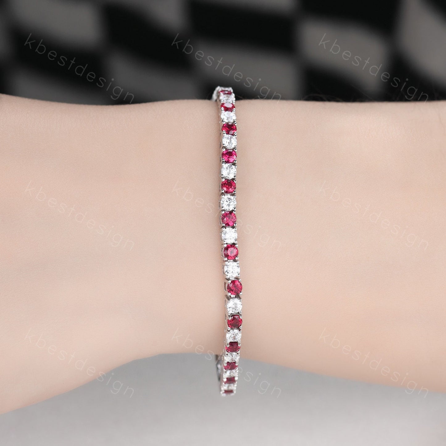 3mm Diamond Ruby Tennis Bracelet, 6.00TCW Round Cut Bracelet for Women, Wedding Jewelry, Dainty Silver Bracelet, Sparkling Diamond Chain