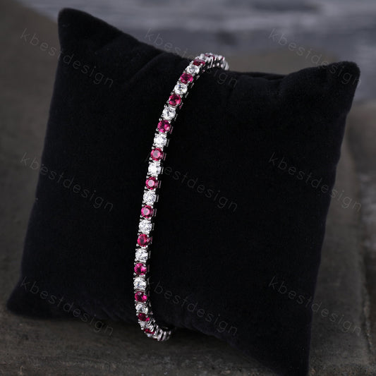 3mm Diamond Ruby Tennis Bracelet, 6.00TCW Round Cut Bracelet for Women, Wedding Jewelry, Dainty Silver Bracelet, Sparkling Diamond Chain