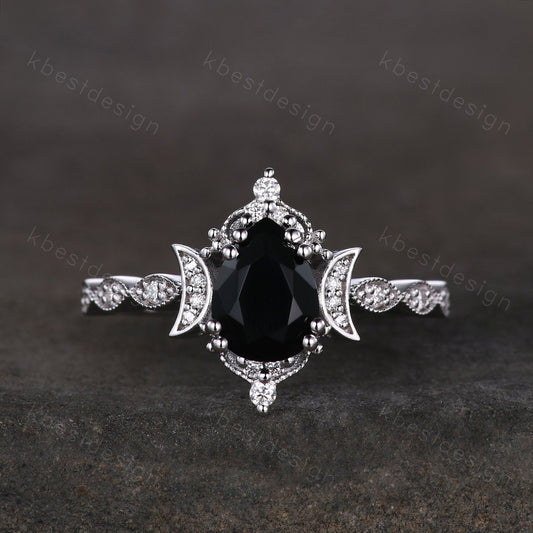 Vintage black onyx engagement ring pear cut ring silver unique moon style ring art deco moissanite wedding ring promise anniversary ring